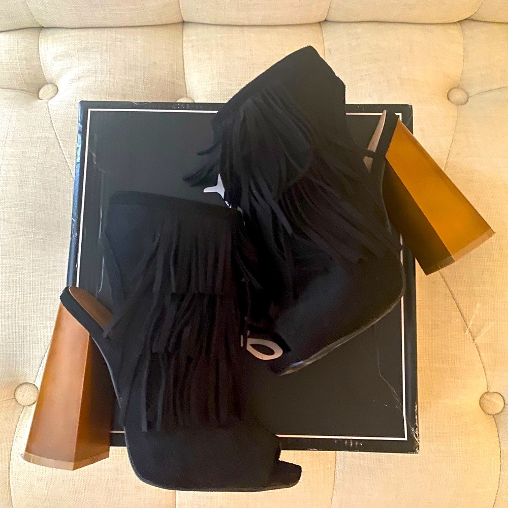 Black fringe suede booties